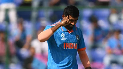 Jasprit Bumrah of India celebrates the wicket of Ibrahim Zadran of Afghanistan during the ICC Men's Cricket World Cup India 2023 between India and Afghanistan