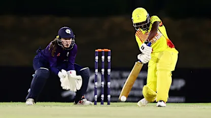 Immaculate Nakisuuyi of Uganda bats during the ICC Women's T20 World Cup Qualifier 2024 match between Scotland and Uganda at Tolerance Oval on April 25, 2024 in Abu Dhabi, United Arab Emirates. 