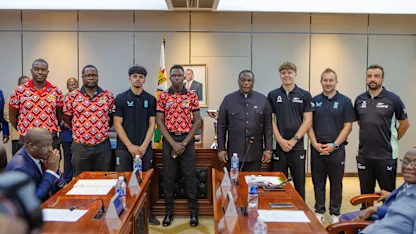 Members of Zimbabwe and England Men's U19 Teams meet the Acting President of the Republic of Zimbabwe, Honourable Vice President General (Rtd) Constantino Chiwenga, at a ceremonial event in Harare.