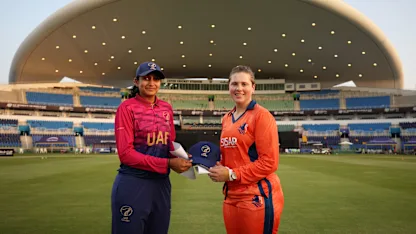 Esha Oza of United Arab Emirates and Heather Siegers of Netherlands pose for a photo ahead of ICC Women's T20 World Cup Qualifier 2024 match between Netherlands and United Arab Emirates at Zayed Cricket Stadium on April 29, 2024 in Abu Dhabi, United Arab Emirates.