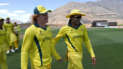 Logo of Australia's winning moment against England in the U19CWC Super League quarter-finals