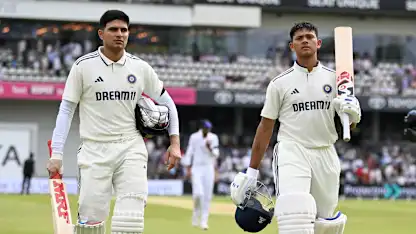 Logo of Jaiswal, Gill with milestone tons on India's commanding day