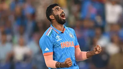 Logo of Jasprit Bumrah of India celebrates the wicket of Mohammad Nabi of Afghanistan during the ICC Men's Cricket World Cup India 2023 between India and Afghanistan (2)