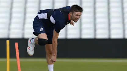 Logo of England bowler Mark Wood bowls during training