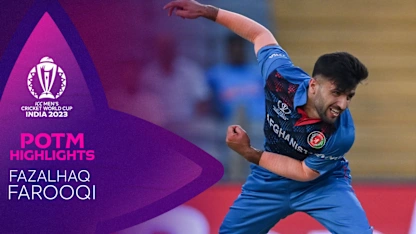 Logo of Fazalhaq Farooqi four-wicket haul rips through Sri Lanka | POTM Highlights | CWC23