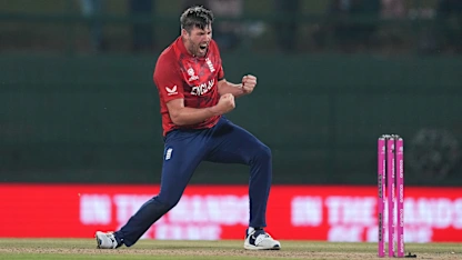 Jamie Overton of England celebrates the wicket of Sahibzada Farhan