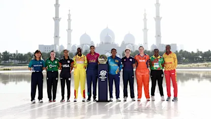 Captains pose with the ICC Women’s T20 World Cup Qualifier supported by Dream11 trophy in Abu Dhabi