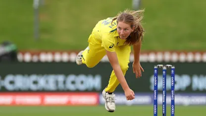 Logo of Darcie Brown of Australia bowls during the 2022 ICC Women's Cricket World Cup match between Bangladesh and Australia at Basin Reserve on March 25, 2022 in Wellington, New Zealand.
