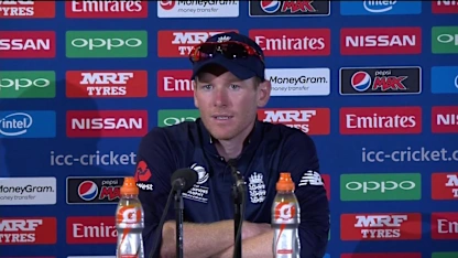 Eoin Morgan reacts to England's Champions Trophy semi-final defeat
