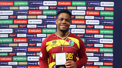 Shimron Hetmyer of West Indies poses after being named Aramco Player of the Match following the ICC Men's T20 World Cup 2026 Super 8 match between Zimbabwe and West Indies