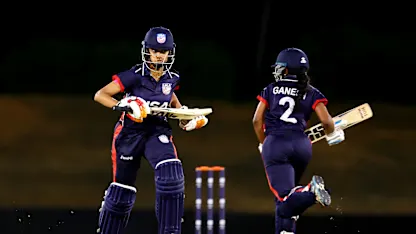 Pooja Shah and Pooja Ganesh of USA make runs during the ICC Women's T20 World Cup Qualifier 2024 match between USA and Sri Lanka at Tolerance Oval on May 03, 2024 in Abu Dhabi, United Arab Emirates.