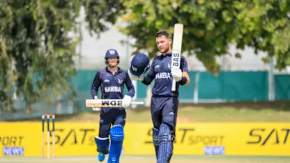 Logo of Gerhard Erasmus stars with 121* | Oman v Namibia | CWC League 2