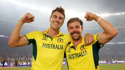 Logo of Pat Cummins and Travis Head after Australia's Cricket World Cup 2023 victory