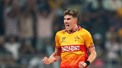 Brad Evans of Zimbabwe celebrates the wicket of Shai Hope of West Indies during the ICC Men's T20 World Cup 2026 Super 8 match