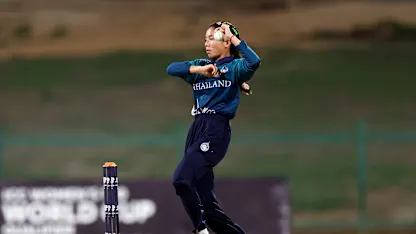 Thipatcha Putthawong of Thailand bowls during the ICC Women's T20 World Cup Qualifier 2024 match between Thailand and USA at Zayed Cricket Stadium on May 01, 2024 in Abu Dhabi, United Arab Emirates.