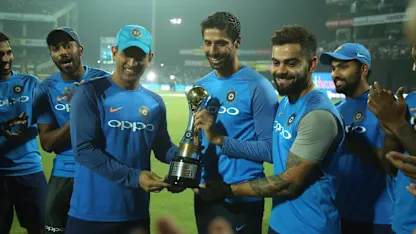Ashish Nehra, who is playing his last international match, was presented with a memento in front of his home crowd by Virat Kohli and Mahendra Singh Dhoni