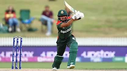 Sharmin Akter of Bangladesh bats during the 2022 ICC Women's Cricket World Cup match between India and Bangladesh at Seddon Park on March 22, 2022 in Hamilton, New Zealand.