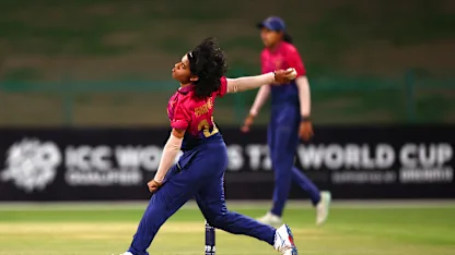 Samaira Dharnidharka of United Arab Emirates bowls during the ICC Women's T20 World Cup Qualifier 2024 Semi-Final match between United Arab Emirates and Sri Lanka at Zayed Cricket Stadium on May 05, 2024 in Abu Dhabi, United Arab Emirates.