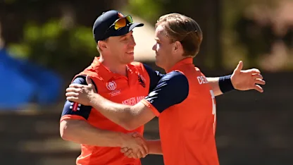 Logo of Bas de Leede of Netherlands celebrates the wicket of Mark Watt of Scotland during the ICC Men's Cricket World Cup Qualifier Zimbabwe