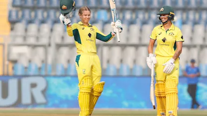 Logo of Phoebe Litchfield after scoring her second ODI hundred at the Wankhede