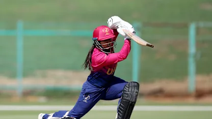 Kavisha Egodage of United Arab Emirates bats during the ICC Women's T20 World Cup Qualifier 2024 match between United Arab Emirates and Vanuatu at Zayed Cricket Stadium on May 03, 2024 in Abu Dhabi, United Arab Emirates.