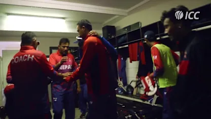 Logo of Nepal's dressing room celebrations after booking their spot at the Cricket World Cup Qualifier