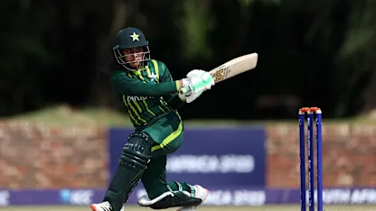 Eyman Fatima of Pakistan plays a shot during the ICC Women's U19 T20 World Cup 2023 match between Zimbabwe and Pakistan at North-West University Oval on January 19, 2023 in Potchefstroom, South Africa.