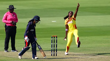 Janet Mbabazi of Uganda bowls during the ICC Women's T20 World Cup Qualifier 2024 match between Uganda and USA at Zayed Cricket Stadium on April 27, 2024 in Abu Dhabi, United Arab Emirates. 