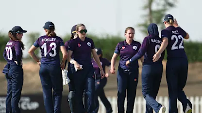 Kathryn Bryce of Scotland celebrates the wicket of Sindhu Sriharsha of USA during the ICC Women's T20 World Cup Qualifier 2024 match between USA and Scotland at Tolerance Oval on April 29, 2024 in Abu Dhabi, United Arab Emirates.
