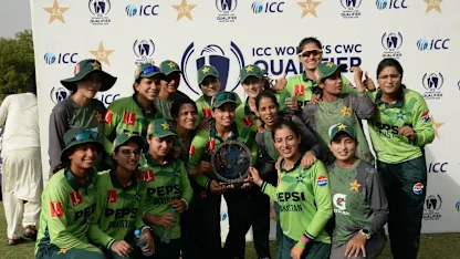 Logo of Pakistan team pose with ICC Women's World Cup Qualifier shield a
