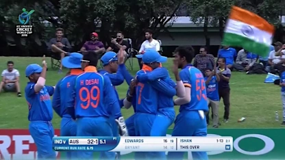Logo of Ishan Porel takes the first wicket of the U19CWC final, dismissing Max Bryant for 14