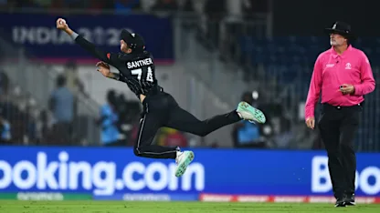 Logo of Santner plucks a stunner mid-air to dismiss Shahidi | CWC23