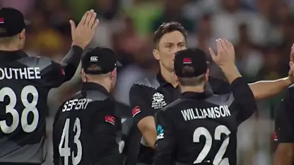 Logo of Trent Boult with a vital wicket for New Zealand