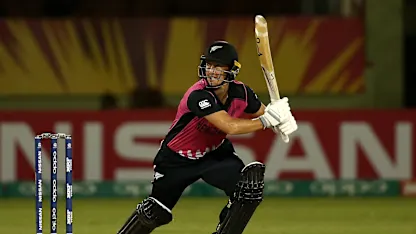 Logo of Sophie Devine of New Zealand bats during the ICC Women's World T20 2018 match between New Zealand and Ireland at Guyana National Stadium on November 17, 2018 in Providence, Guyana.