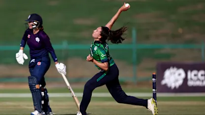 Ava Canning of Ireland bowls during the ICC Women's T20 World Cup Qualifier 2024 Semi-Final match between Ireland and Scotland at Zayed Cricket Stadium on May 05, 2024 in Abu Dhabi, United Arab Emirates.