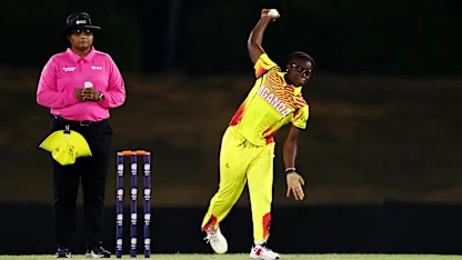 Immaculate Nakisuuyi of Uganda bowls during the ICC Women's T20 World Cup Qualifier 2024 match between Scotland and Uganda at Tolerance Oval on April 25, 2024 in Abu Dhabi, United Arab Emirates.