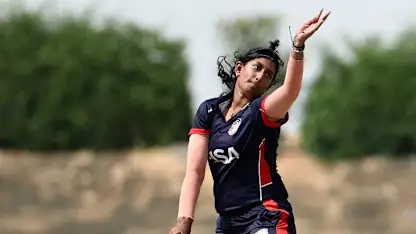 Geetika Kodali of USA in bowling action during the ICC Women's T20 World Cup Qualifier 2024 match between USA and Scotland at Tolerance Oval on April 29, 2024 in Abu Dhabi, United Arab Emirates.