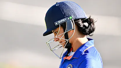 Smriti Mandhana of India looks dejected after being dismissed during the 2022 ICC Women's Cricket World Cup match