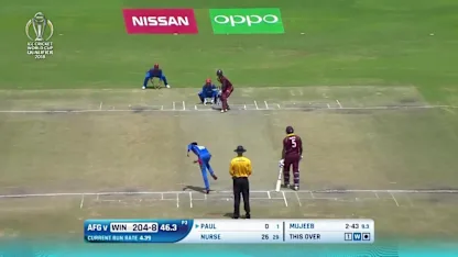Logo of Mujeeb Ur Rahman's 4/43 against West Indies in the CWCQ final