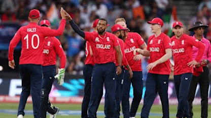 Logo of Rohit Sharma holes out off Jordan after steady 27 | T20WC 2022