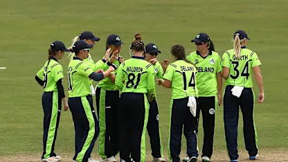 Logo of Laura Delany of Ireland celebrates a wicket during the ICC Women's World T20 2018 match between India and Ireland at Guyana National Stadium on November 15, 2018 in Providence, Guyana.