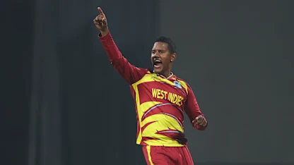 Akeal Hosein of West Indies celebrates the wicket of Brian Bennett of Zimbabwe during the ICC Men's T20 World Cup 2026 Super 8 match