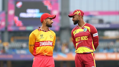 Sikandar Raza of Zimbabwe and Shai Hope of West Indies interact ahead of the ICC Men's T20 World Cup 2026 Super 8 match