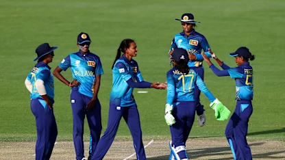 Players of Sri Lanka celebrate after taking the wicket of Suwanan Khiaoto of Thailand (not pictured) during the ICC Women's T20 World Cup Qualifier 2024 match between Sri Lanka and Thailand at Tolerance Oval on April 25, 2024 in Abu Dhabi, United Arab Emirates.
