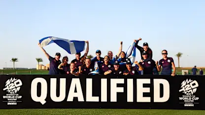 Players of Scotland celebrate victory and qualification following the ICC Women's T20 World Cup Qualifier 2024 Semi-Final match between Ireland and Scotland at Zayed Cricket Stadium on May 05, 2024 in Abu Dhabi, United Arab Emirates.
