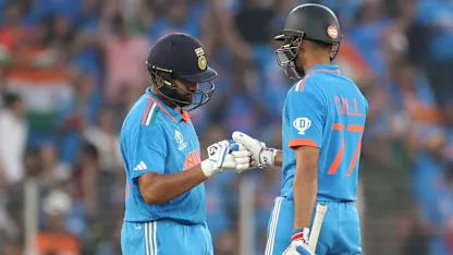 Logo of Rohit Sharma and Shubman Gill of India react during the ICC Men's Cricket World Cup India 2023 between India and Pakistan