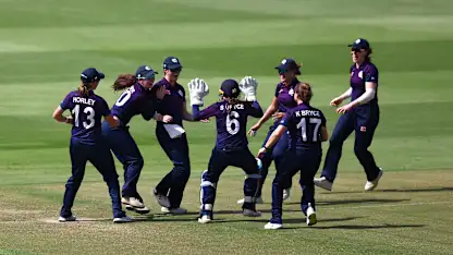 Players of Scotland celebrate the dismissal of Orla Prendergast of Ireland during the ICC Women's T20 World Cup Qualifier 2024 Semi-Final match between Ireland and Scotland at Zayed Cricket Stadium on May 05, 2024 in Abu Dhabi, United Arab Emirates.