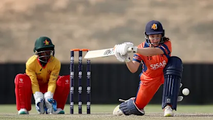 Robine Rijke of the Netherlands bats during the ICC Women's T20 World Cup Qualifier 2024 match between Zimbabwe and Netherlands at Tolerance Oval on May 01, 2024 in Abu Dhabi, United Arab Emirates.
