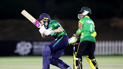 Logo of Gaby Lewis of Ireland bats during the ICC Women's T20 World Cup Qualifier 2024 match between Vanuatu and Ireland at Tolerance Oval on May 01, 2024 in Abu Dhabi, United Arab Emirates.