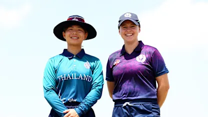 Naruemol Chaiwai, Captain of Thailand, poses for a photograph with Kathryn Bryce, Captain of Scotland, prior to the ICC Women's T20 World Cup Qualifier 2024 match between Thailand and Scotland at Tolerance Oval on May 03, 2024 in Abu Dhabi, United Arab Emirates.